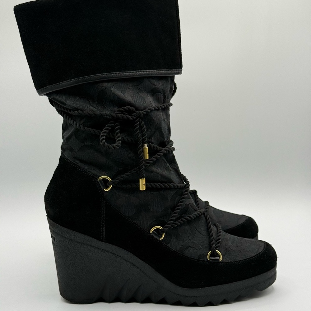 COACH Black Maisy Signature C Logo Monogram Wedge Boots Size 9.5 B - Picture 10 of 17